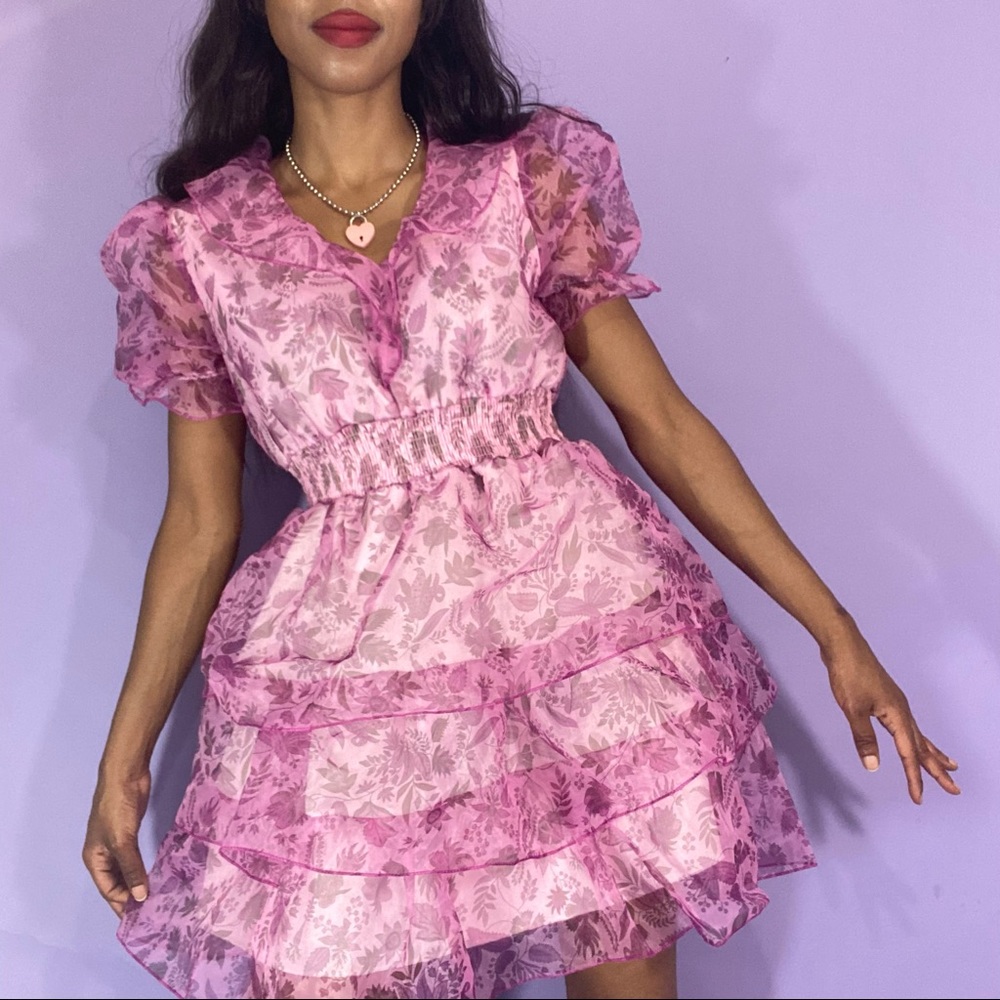 Floral Print Shirred Waist Layered Hem Dress